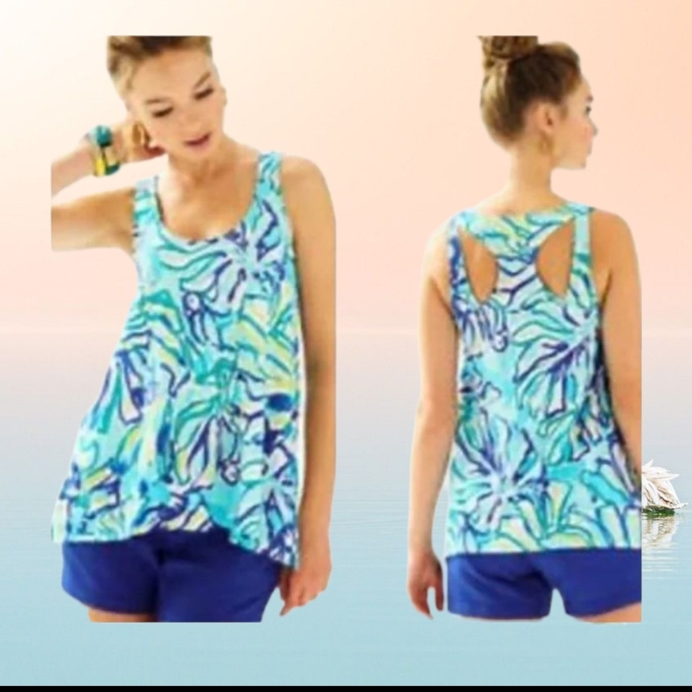 Lilly Pulitzer Womens Monterey Tank Size M Pool Blue Stay Cool Palm Trees T13